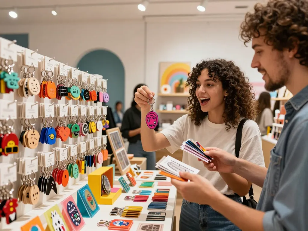 Custom keychain selection in an inviting retail space showcasing vibrant acrylic, metal, and wooden designs.