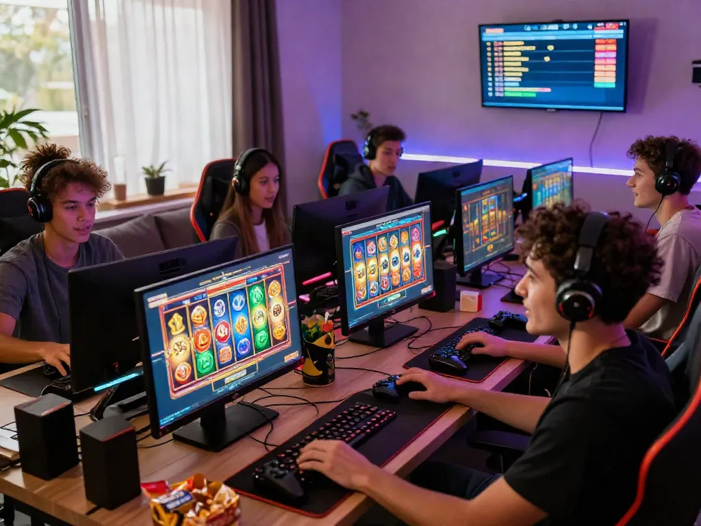 Players immersed in slot maxwin online games, showcasing thrilling gameplay and vibrant themes in a cozy gaming environment.