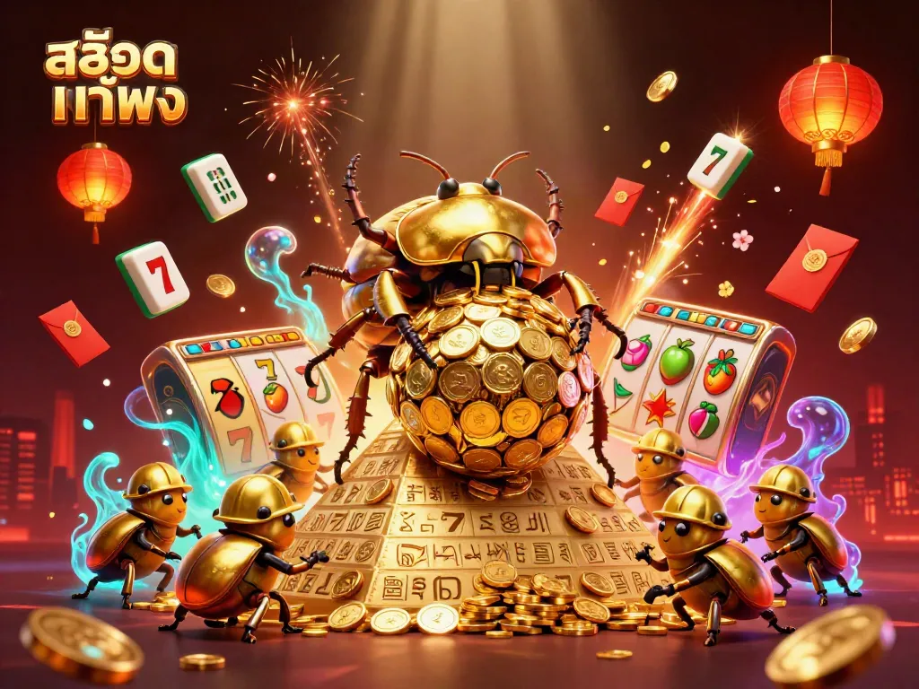 Engage with สล็อตแท้ตรง's dynamic online gaming world featuring golden beetles and slot reels.