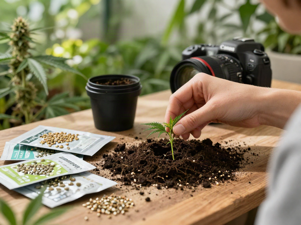 Cannabissamen kaufen - Person pflanzt Cannabis-Samen in einem Garten mit Sonnenlicht und grüner Umgebung.