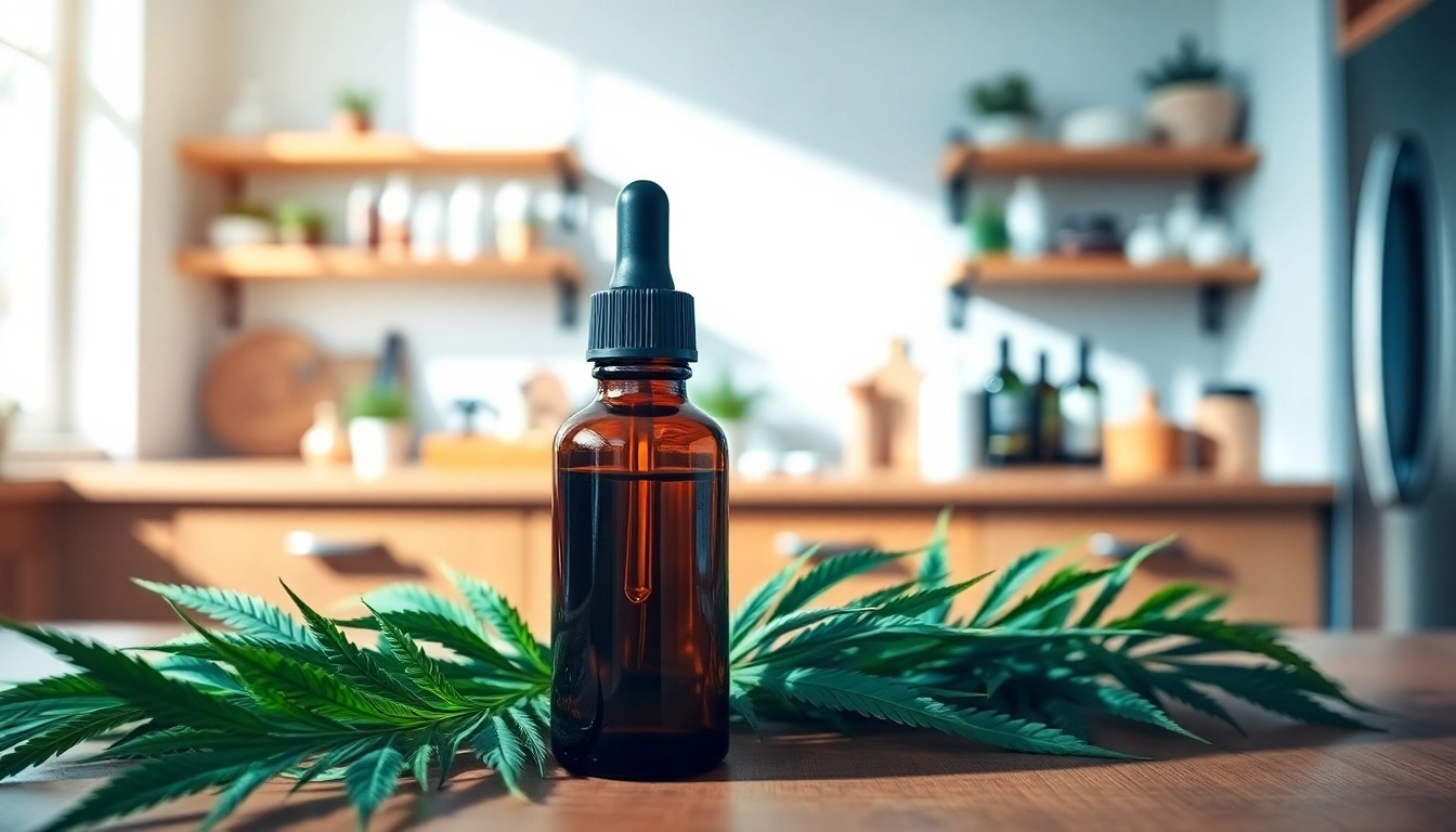 Highlight CBD Oil in a natural setting with fresh hemp leaves and a sleek glass bottle.