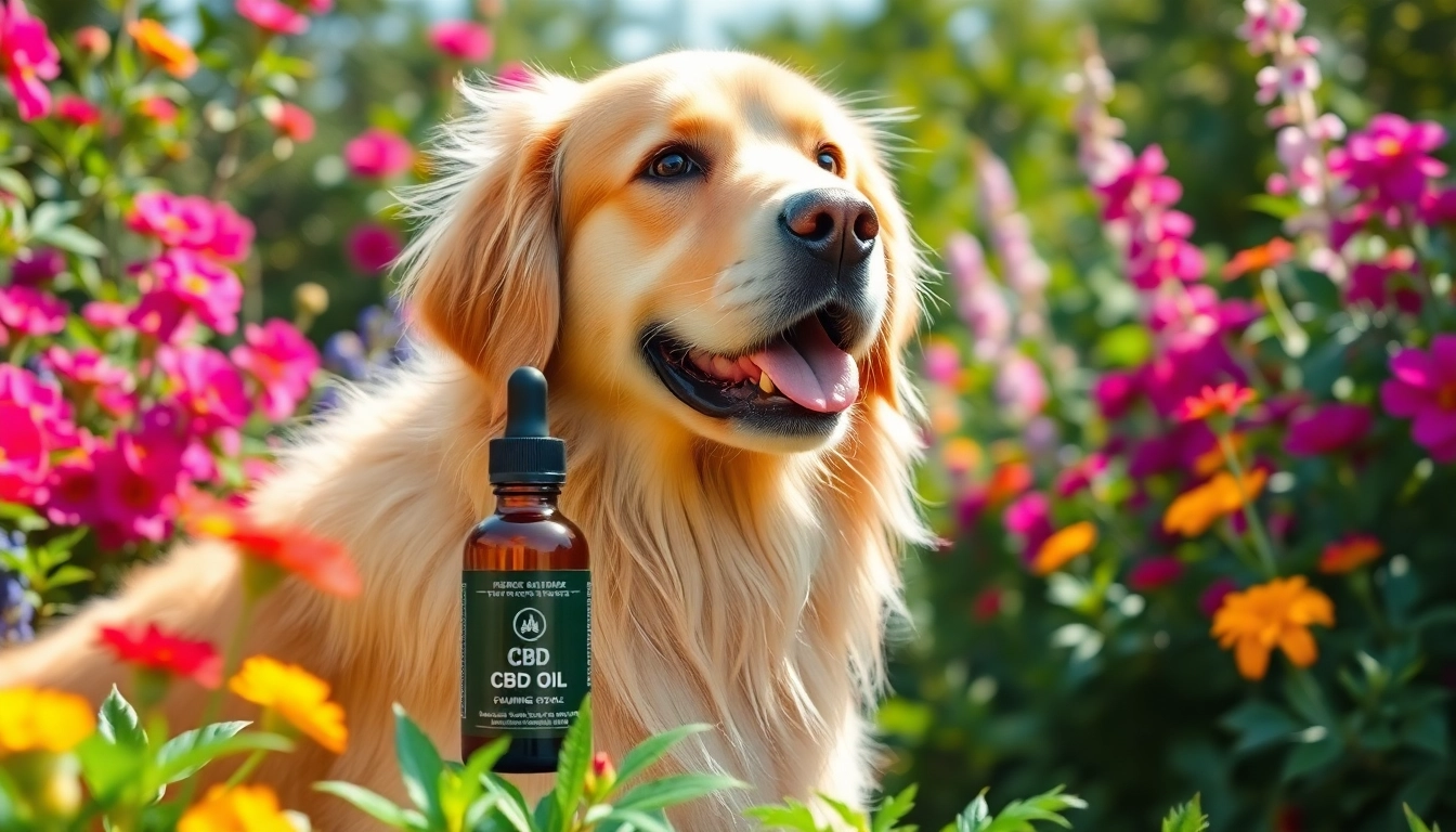 Calm golden retriever with CBD For Pet oil in a lush garden setting for relaxation.