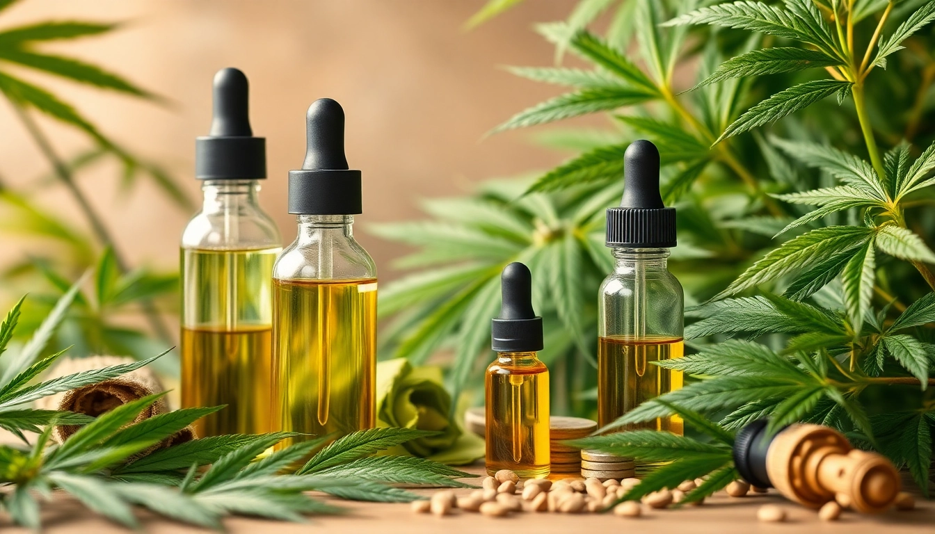 Högkvalitativ cbd-olja omgiven av hampextrakt, vape-enheter och naturliga wellness-element.