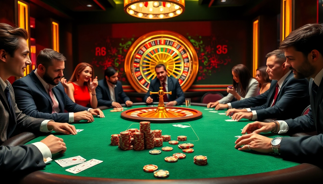 Players engaging in high-stakes poker at RR88 casino, showcasing a vibrant gambling atmosphere.