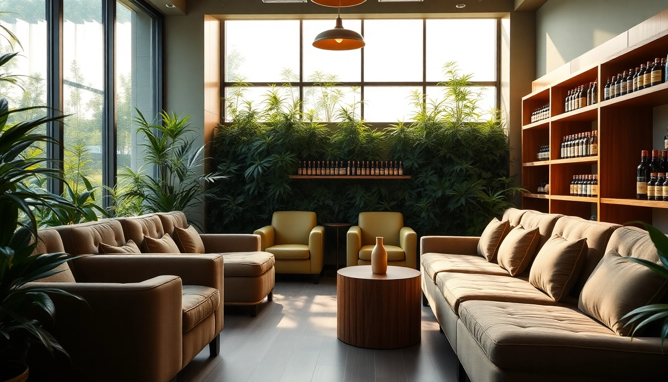 Experience the warmth of a cannabis club with inviting seating and vibrant cannabis products.
