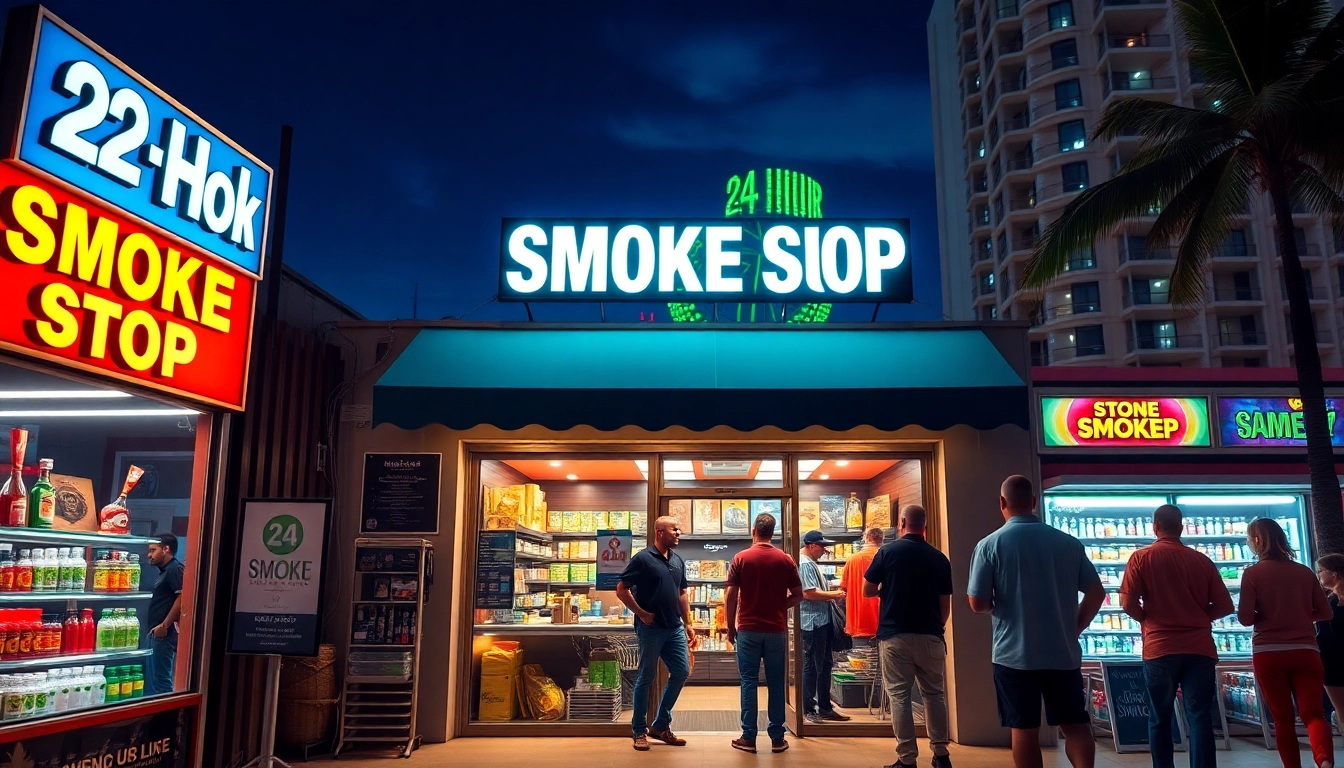 Explore the inviting atmosphere of a 24 Hour Smoke Shop near me Miami with vibrant signage and happy customers.
