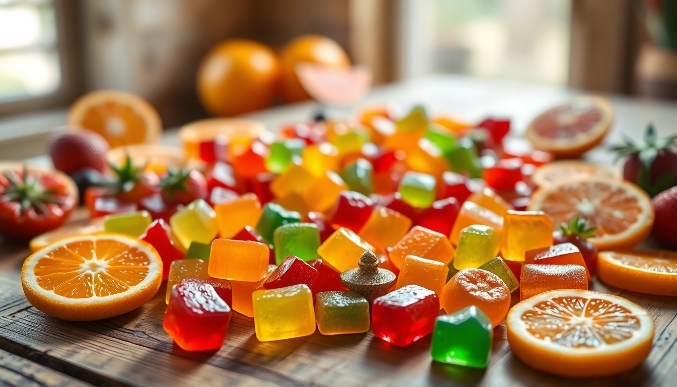 Engaging display of Weed Gummies with vibrant fruit highlighting their flavors.