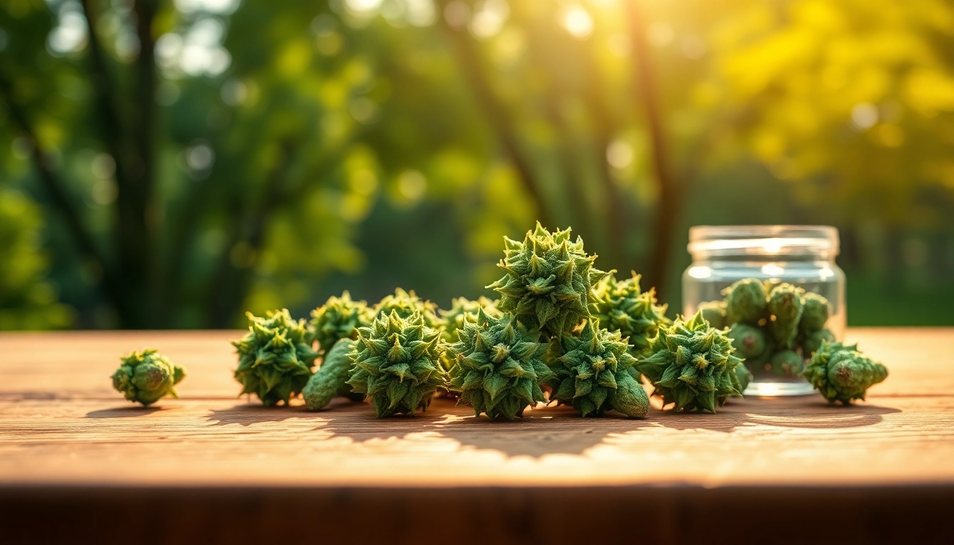 Mental Wellness CBD buds artfully displayed on a wooden table surrounded by nature.