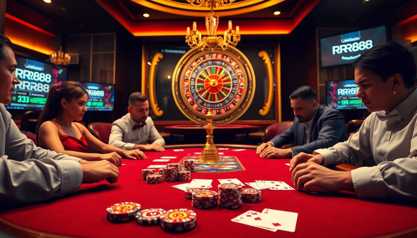 Experience the excitement of RR88 with a stunning poker game setup in a luxurious casino.