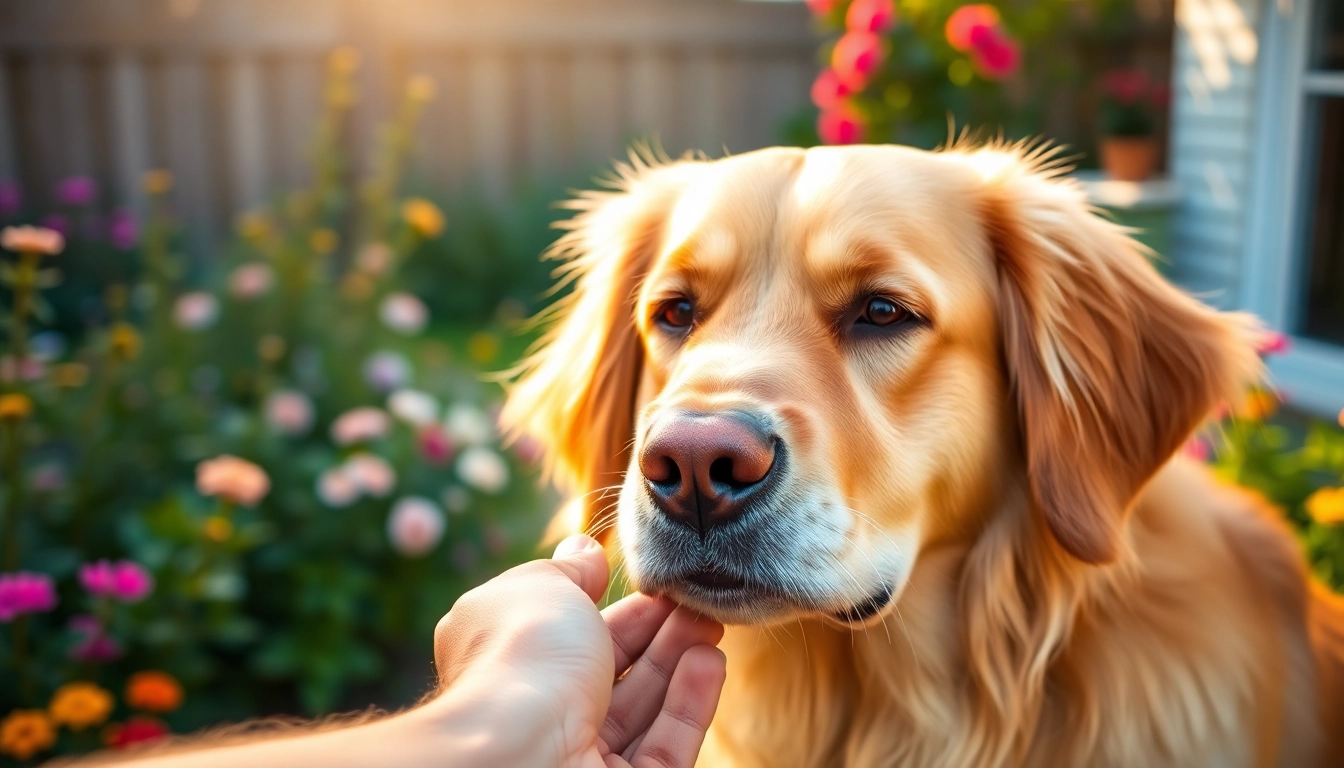 In a serene garden, a golden retriever enjoys CBD Oil For Dog, showcasing comfort and relaxation.