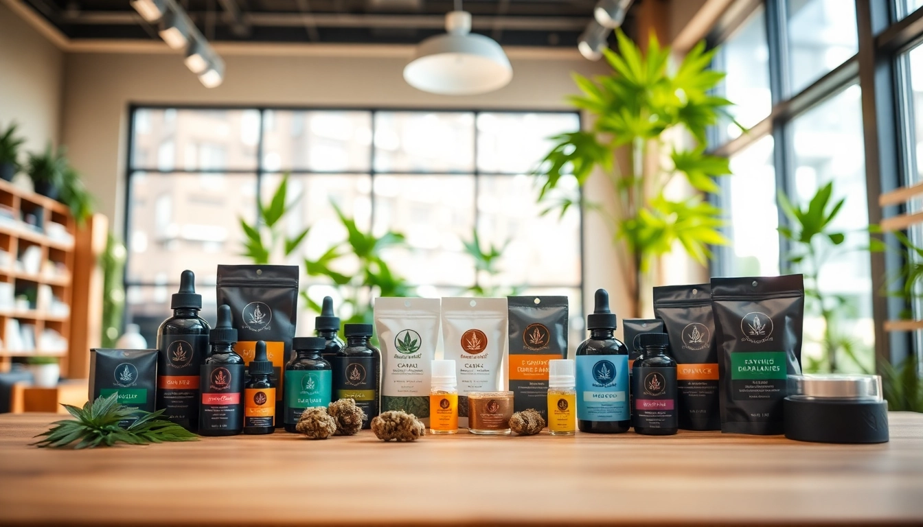 Explore premium dispensary products arranged beautifully on a wooden table in a modern setting.