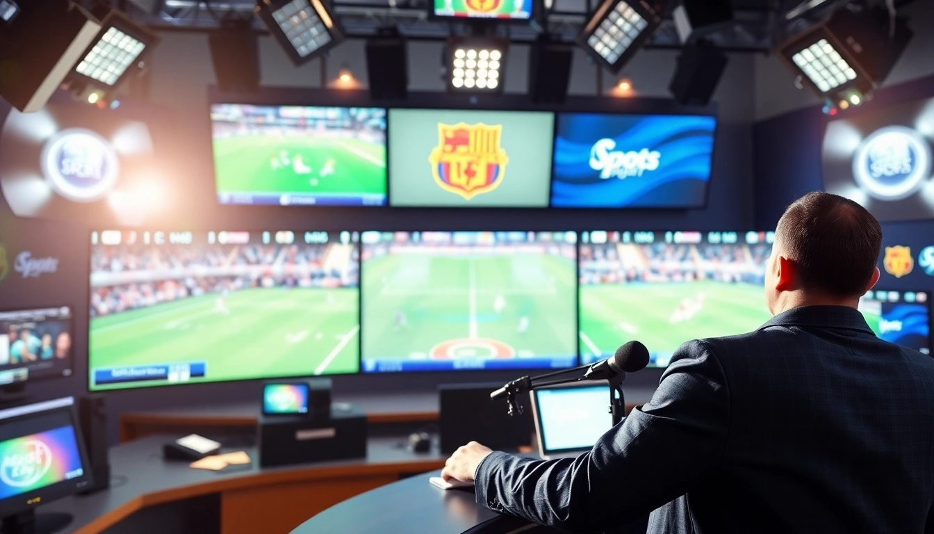 Engage with the lively sports broadcasting studio, showcasing vibrant visuals and a dynamic host.