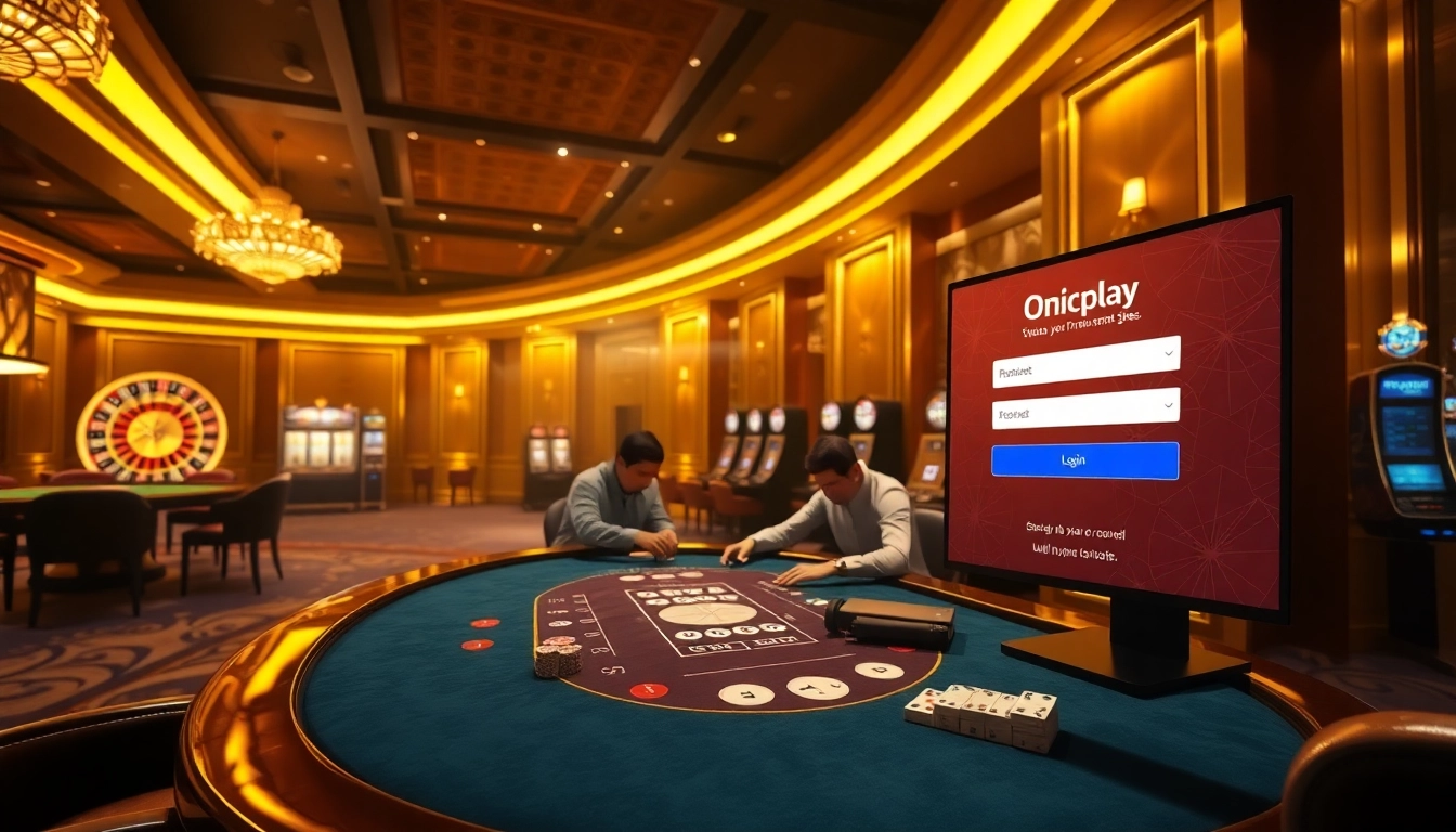 Engaging poker game at a luxurious casino with Onicplay login displayed.