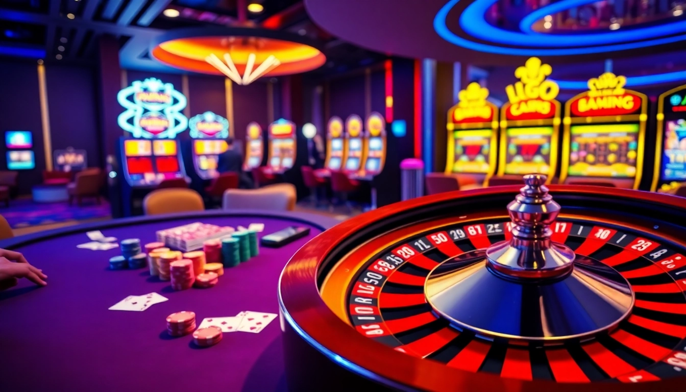 Jogoluck casino experience with vibrant poker table and modern slot machines.