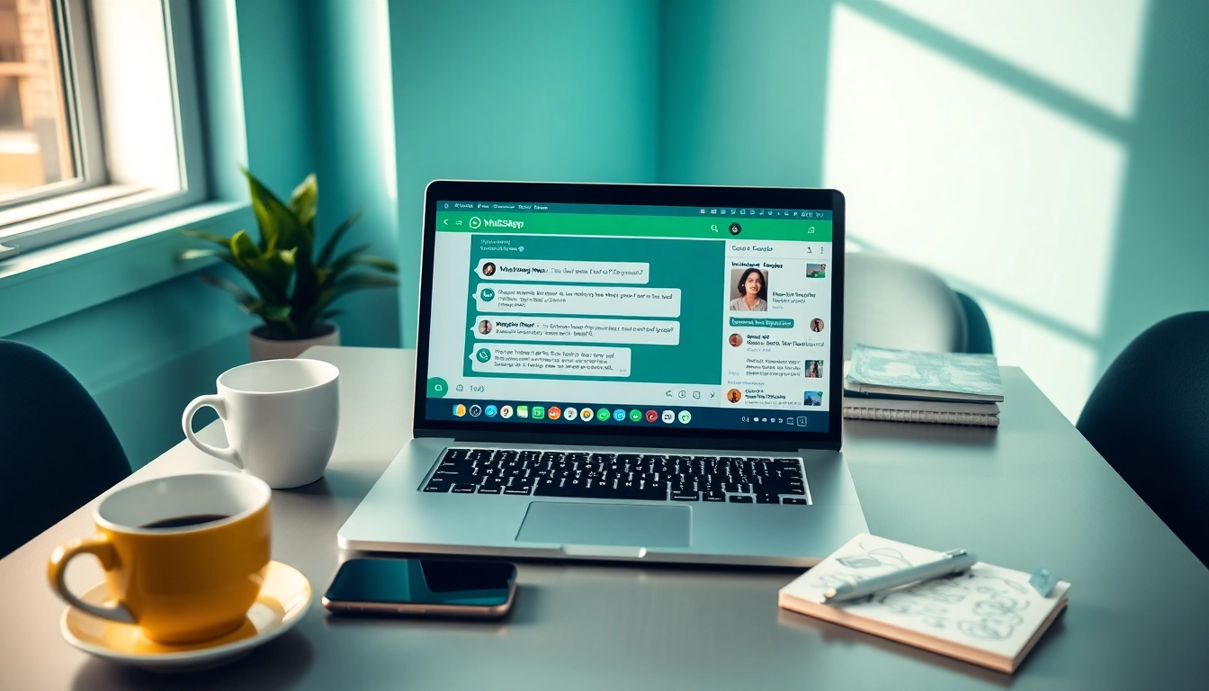 笔记本电脑上的 WhatsApp Web 界面，展示快连官网的消息与视频通话功能。