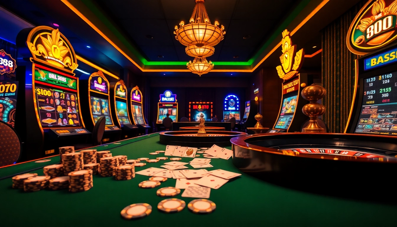 Experience the thrill of gambling with BJ388 at a luxurious casino gaming table surrounded by vibrant slots.