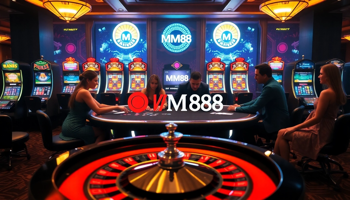 Engaging poker players at a luxurious MM88 casino table with vibrant slot machines.
