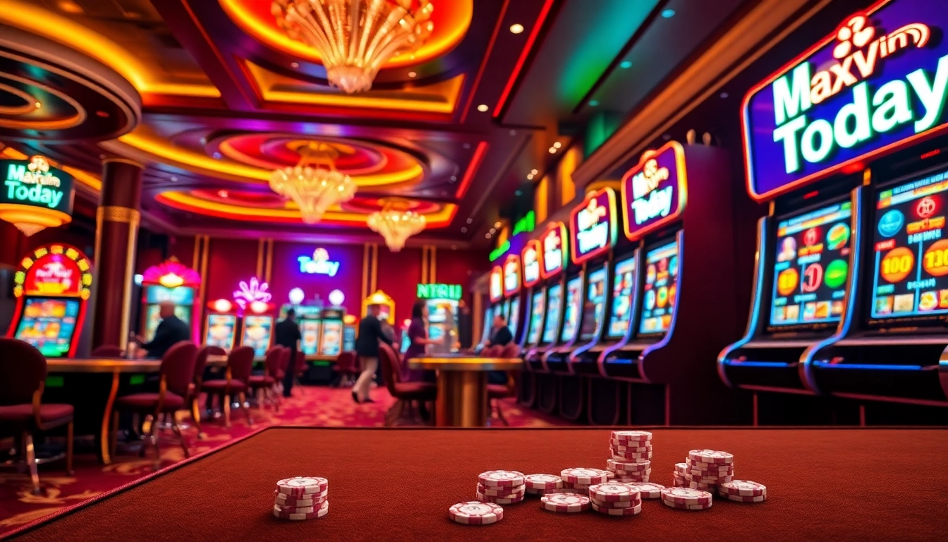 Experience the thrill of IDN slot games in a luxurious casino setting, vibrant with colors and excitement.