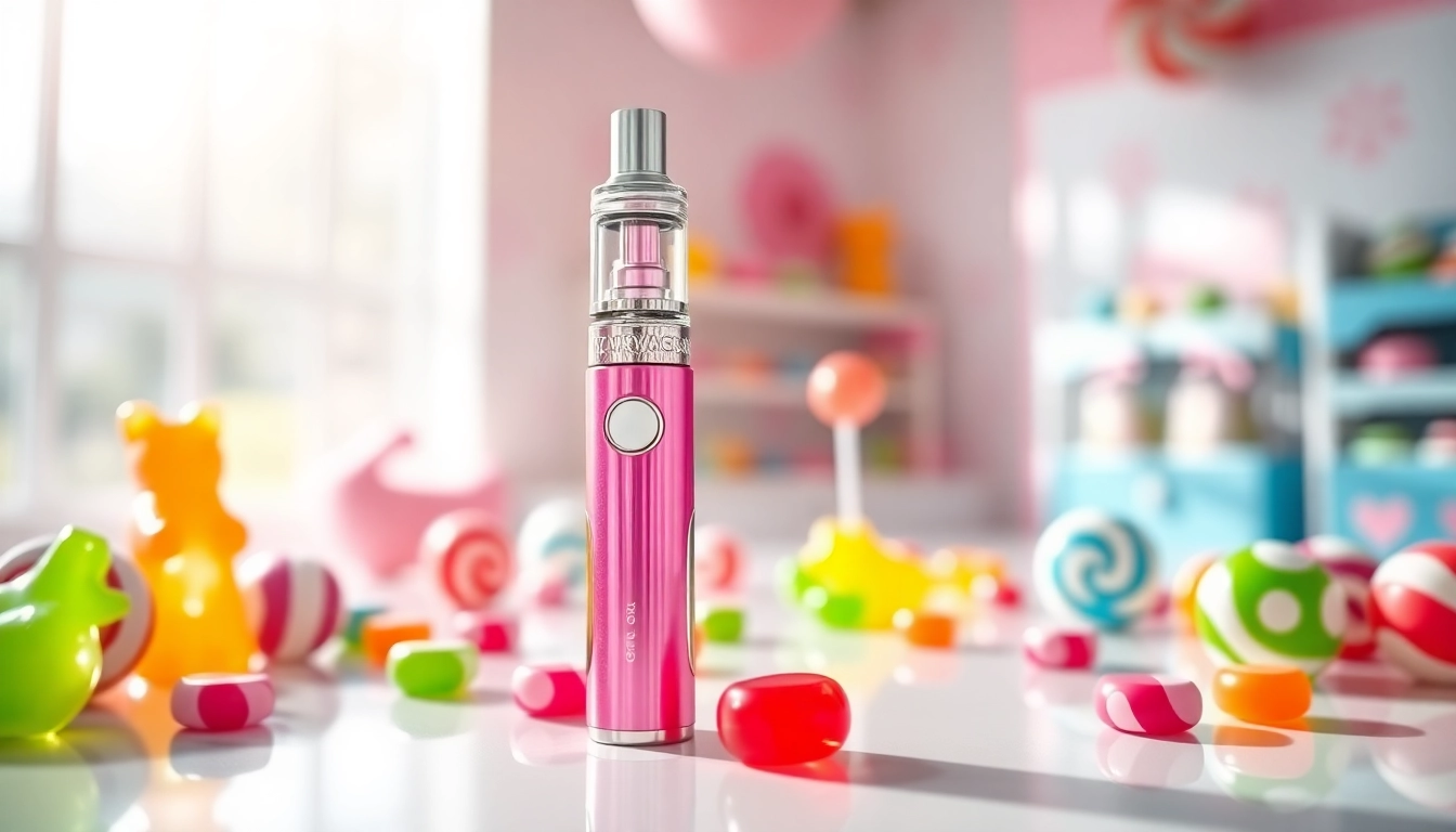 Explore the colorful candy vape pen alongside vibrant candy elements for a fun vaping experience.
