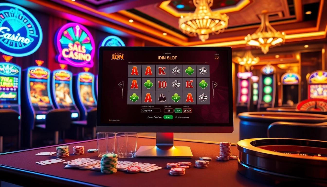 Playing idnslot with vibrant casino visuals, showcasing slot machines and tables.
