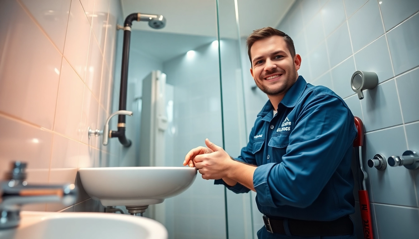 Expert nyc emergency plumber & sewer fixing a pipe in a modern bathroom.