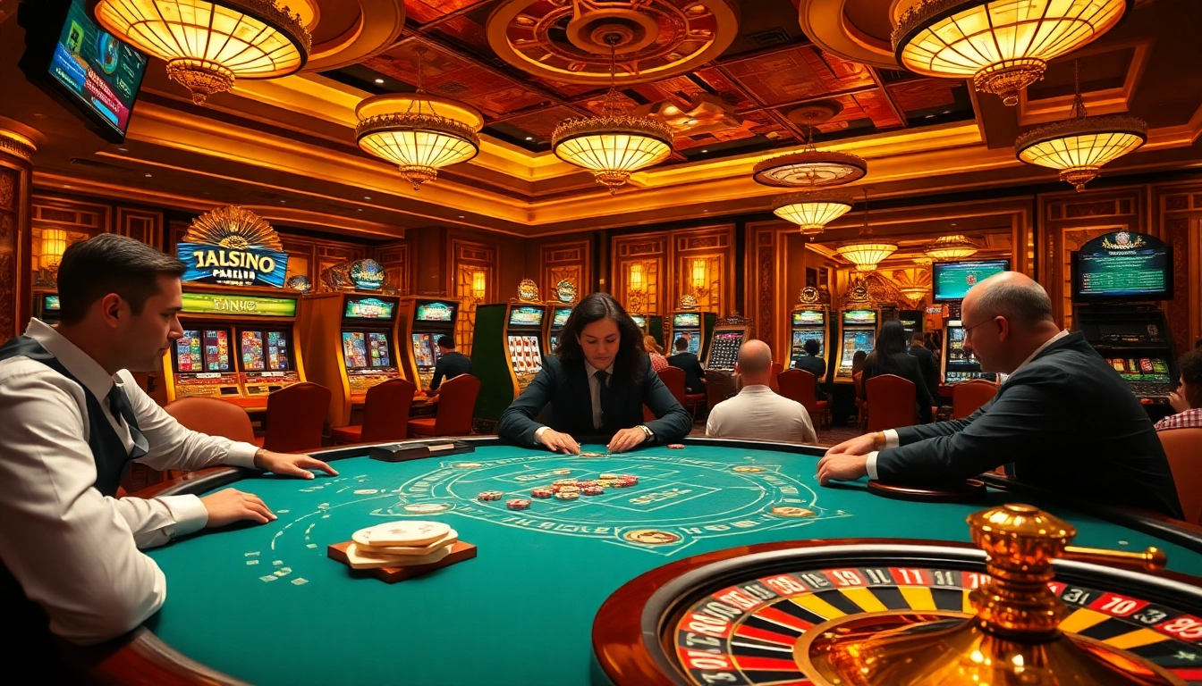 Players enjoying the mb66 poker experience in a lavish casino ambiance.