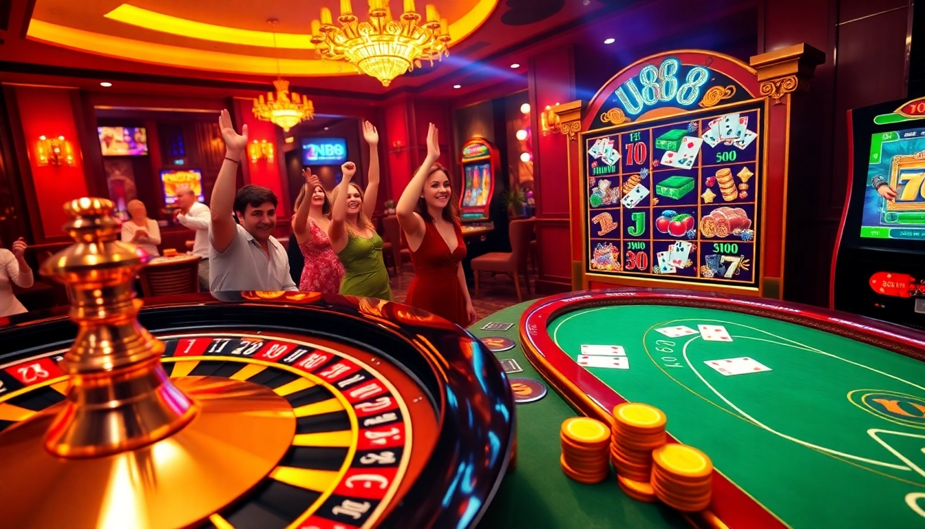 Experience the thrill of Nhà cái U888 with vibrant card games, roulette, and rich casino aesthetics.