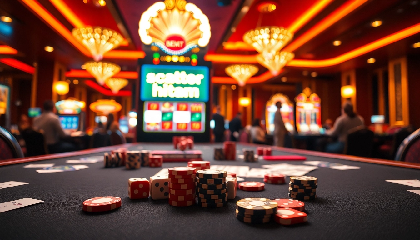 Scatter hitam enhances excitement at a luxurious casino table with vibrant games.