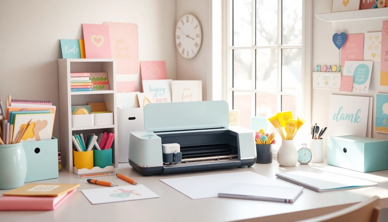 Cricut for beginners - inviting crafting workspace with Cricut machine and colorful supplies